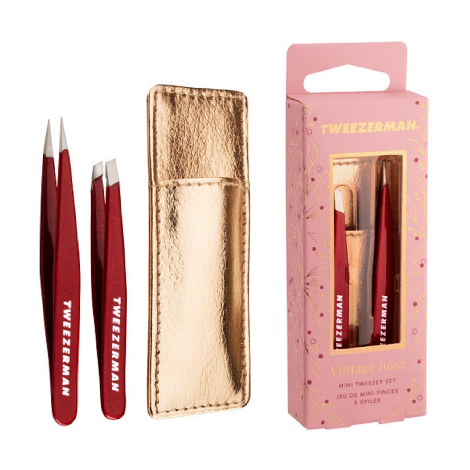 tweezerman-mini-pinzetten-set-mit-lederh-lle-vintage-rose-schr-ge-spitze-mini-pi image 1